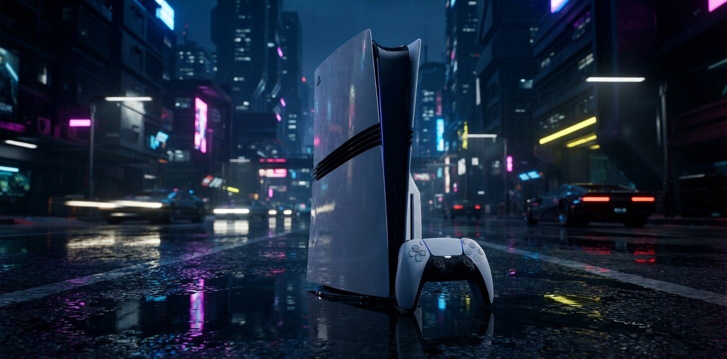 Konsola PS5 Pro na tle grafiki ulicy z gry, prezentując działanie technologii ray tracing.
