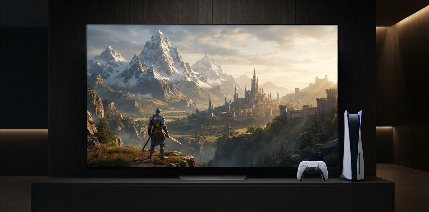 Konsola PS5 Pro obok telewizora wyświetlającego grę przygodową.