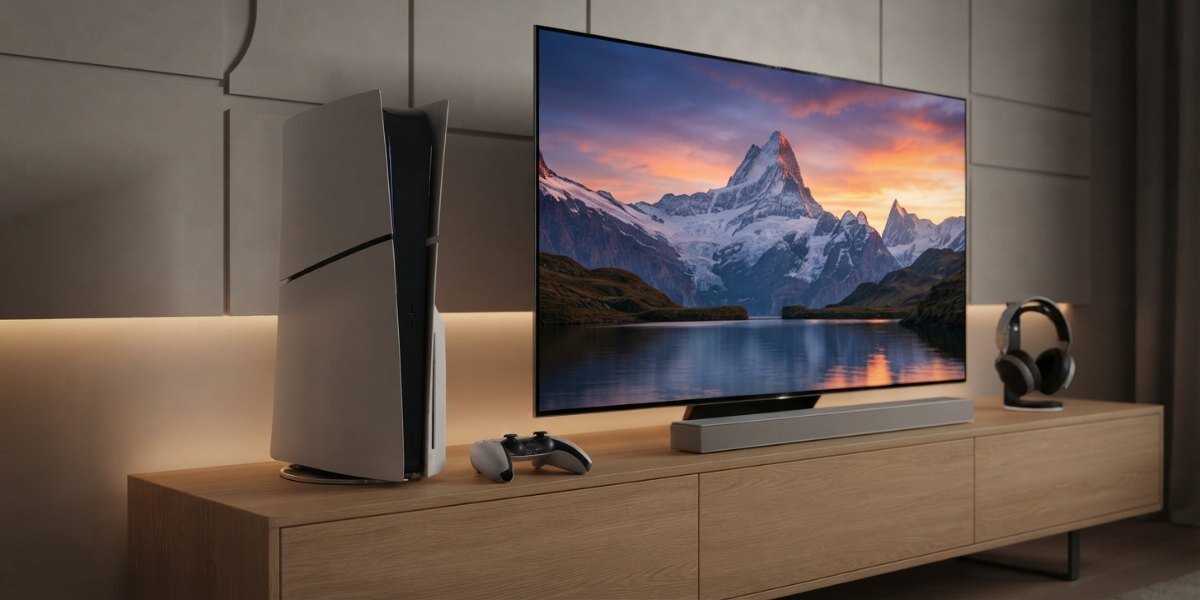 Konsola Playstation 5 Slim obok telewizora i pada.