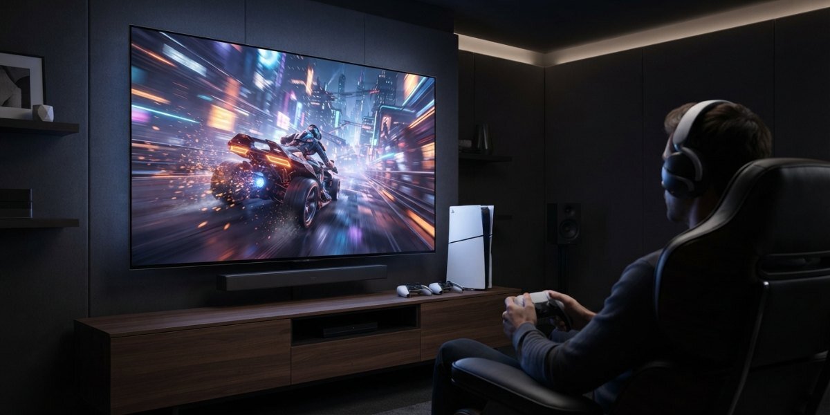 Osoba grająca na konsoli Playstation 5 Slim.
