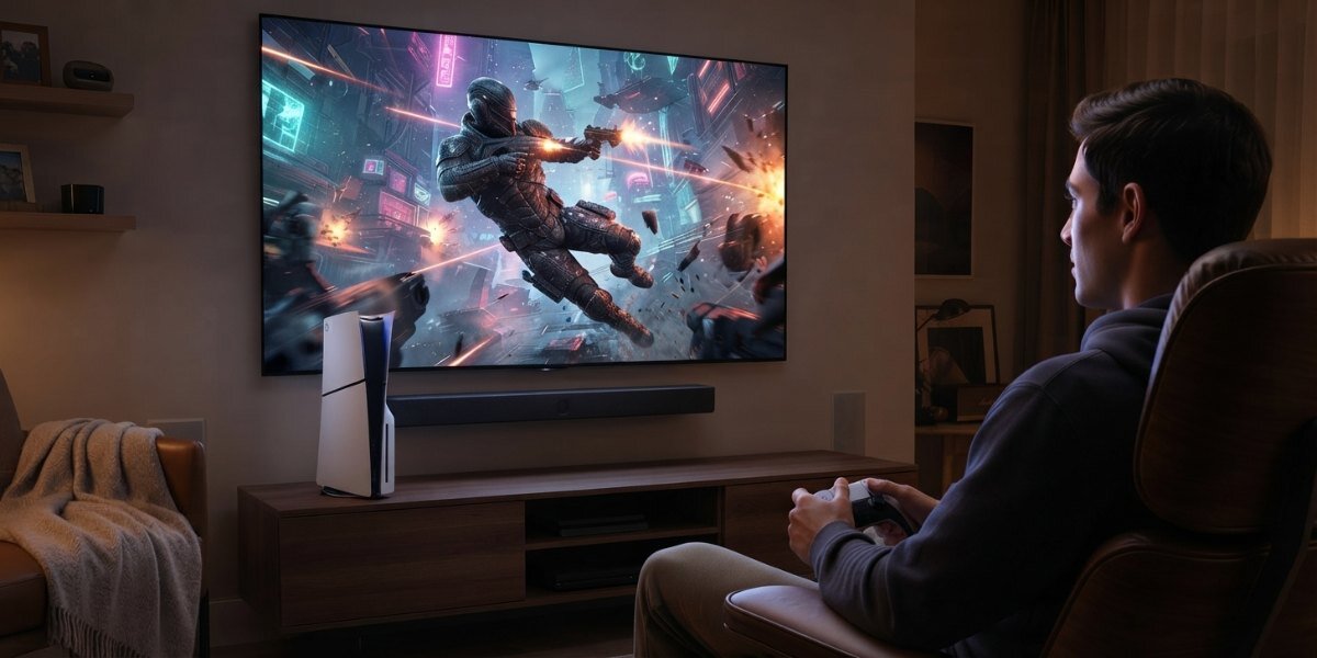Osoba grająca na konsoli Playstation 5 Slim w ciemnym pokoju. 