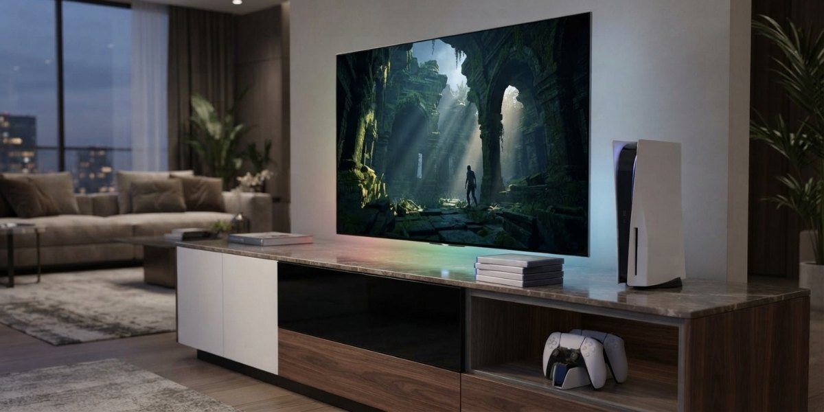 Konsola Playstation 5 Slim obok telewizora wyświetlającego grę. 