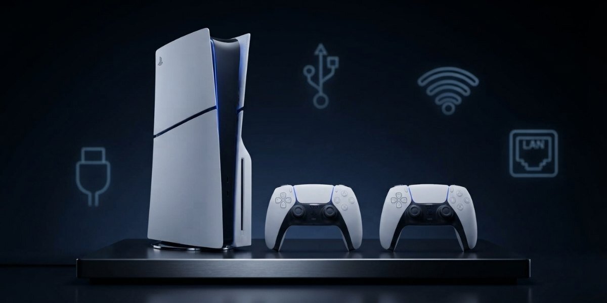 Playstation 5 Slim obok 2 padów, obok widoczne są ikony połączeń 'USB', 'Wi-Fi' itp.