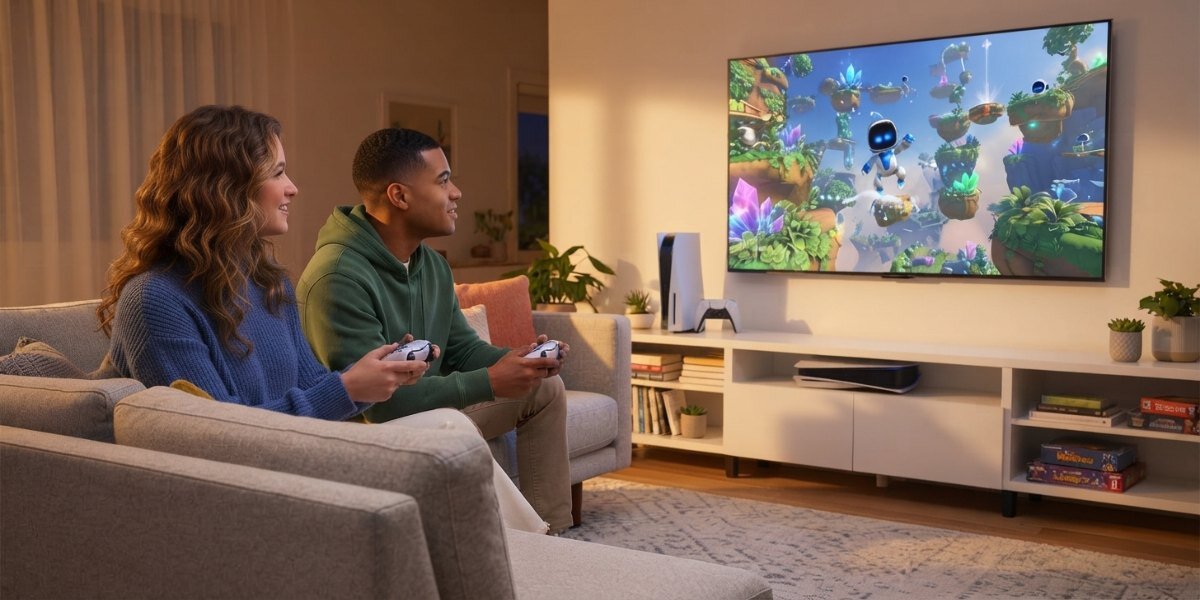 2 osoby grające w grę na knosoli Playstation 5.