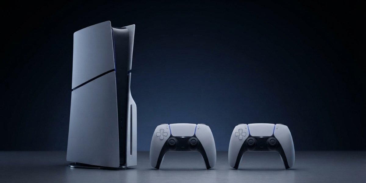 Konsola Playstation 5 Slim i 2 pady na ciemno-szarym tle.