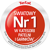 Logo Tefal z napisem \'Światowy Nr 1 w kategorii patelni i garnków\'. Czerwone tło z białym tekstem.
