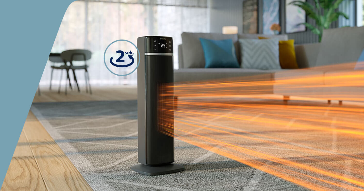 Na obrazie znajduje się termowentylator w nowoczesnym wnętrzu, emitujący pomarańczowe linie symbolizujące ciepło. Obok urządzenia widoczny jest symbol z napisem \'2 sek.\'.