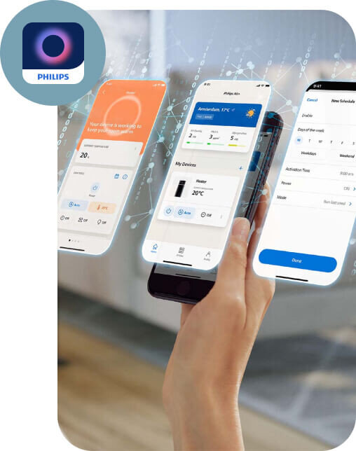 Na obrazie widoczne są trzy smartfony z aplikacjami wyświetlającymi różne interfejsy użytkownika, a w lewym górnym rogu znajduje się logo PHILIPS. Smartfony są trzymane w dłoni, a w tle widać rozmyty obraz wnętrza pomieszczenia.