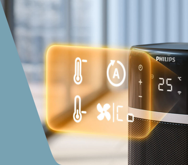Na obrazie widoczny jest fragment termowentylatora z wyświetlaczem pokazującym temperaturę 25 stopni oraz logo PHILIPS. Obok urządzenia znajduje się przezroczysty panel z ikonami termometru, wentylatora i zegara.