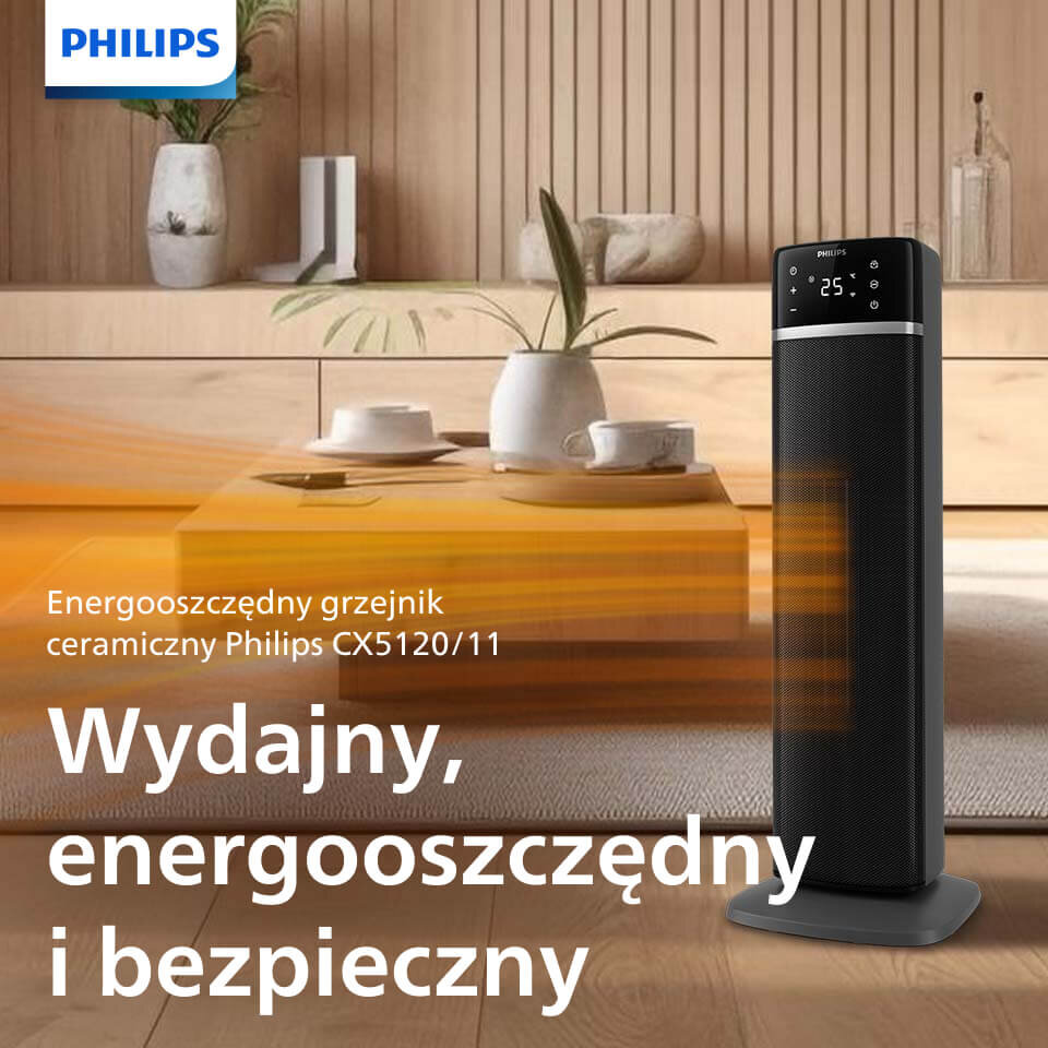 Obraz przedstawia czarny termowentylator z wyświetlaczem cyfrowym, ustawiony w nowoczesnym wnętrzu z drewnianymi elementami. Widoczny tekst: \'Energooszczędny grzejnik ceramiczny Philips CX5120/11\' oraz \'Wydajny, energooszczędny i bezpieczny\'.