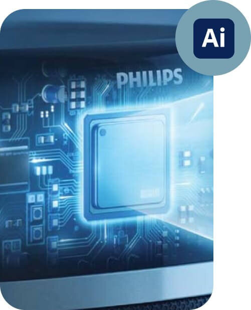 Obraz przedstawia schemat układu elektronicznego z podświetlonym chipem, na którym widnieje napis \'PHILIPS\'. W prawym górnym rogu znajduje się niebieska ikona z literami \'Ai\'.