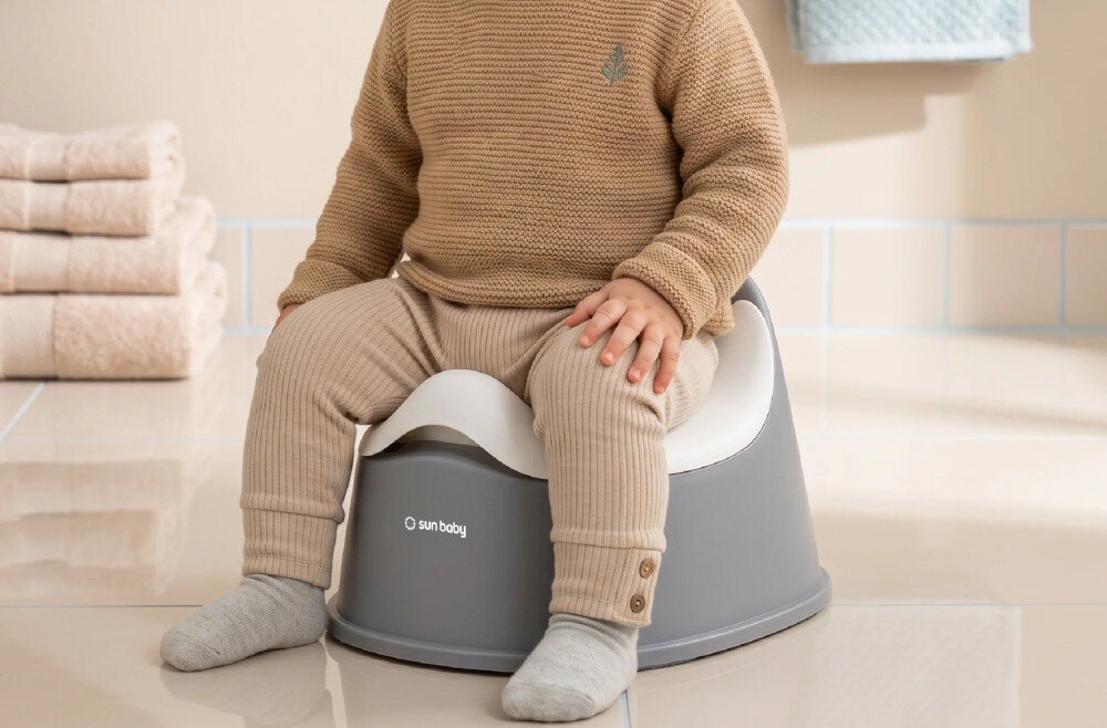 Dziecko siedzi na biało-szarym nocniku z logo \'sun baby\'. W tle widoczne są złożone ręczniki i kafelki na ścianie.