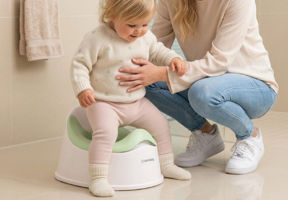 Dziecko siedzi na biało-zielonym nocniku z logo \'sun baby\', a obok klęczy osoba dorosła w jasnym swetrze i dżinsach. W tle widać jasne kafelki i ręcznik.