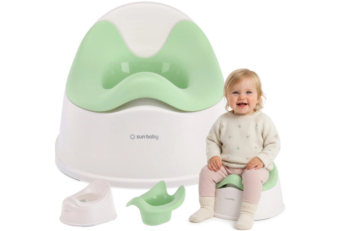 Na zdjęciu widoczny jest biało-zielony nocnik z logo \'sun baby\', obok którego siedzi małe dziecko. W tle znajdują się dodatkowe elementy nocnika, takie jak wyjmowany pojemnik i nakładka.