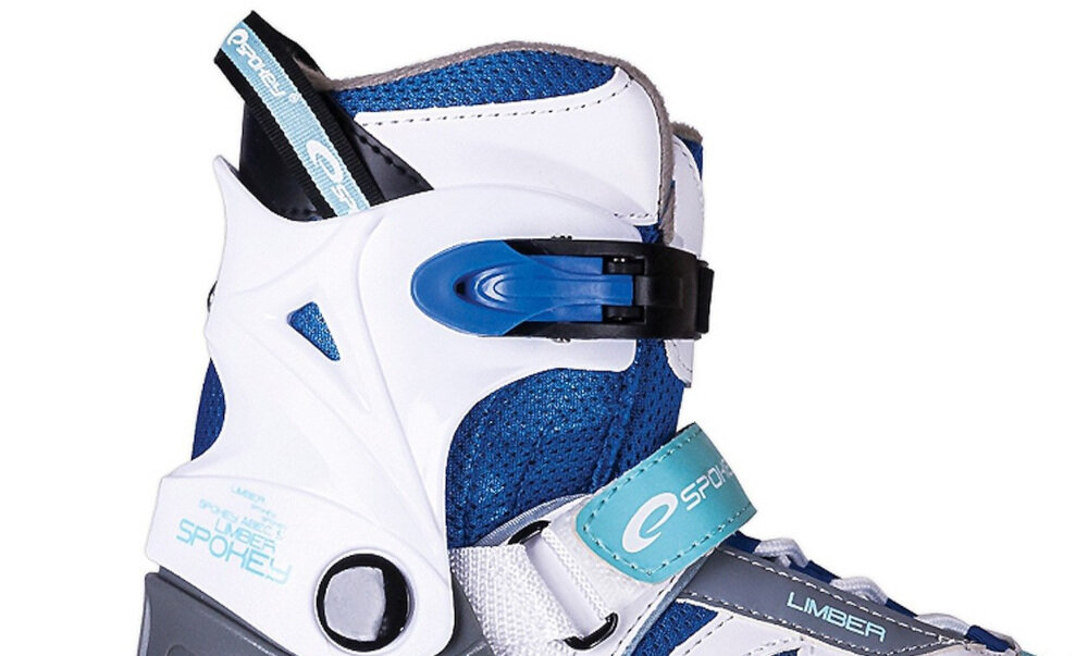 Łyżworolki SPOKEY Limber (rozmiar 33-36) w biało-niebieskim kolorze klamry zabezpieczającej sznurowadła rzepy wykonane z naciskiem na każdy szczegół