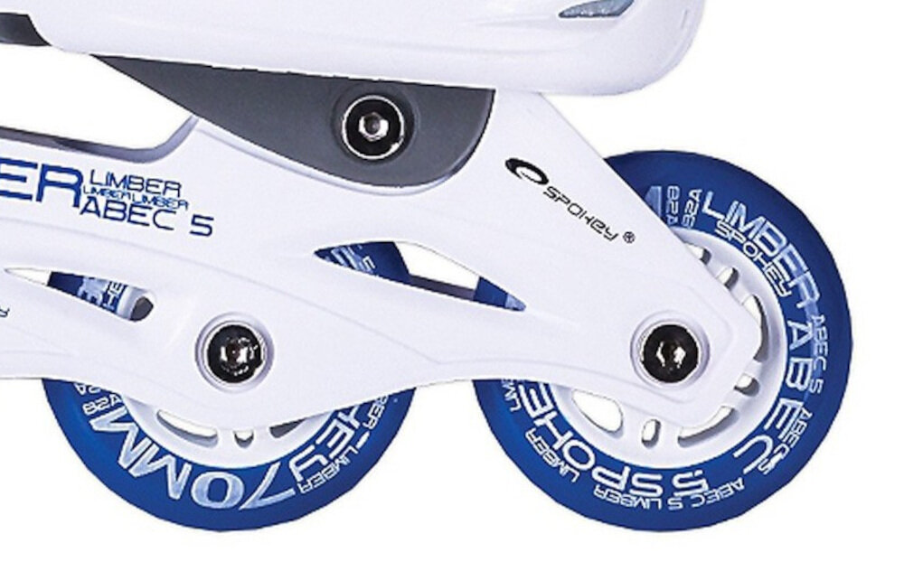 Łyżworolki SPOKEY Limber (rozmiar 33-36) kółka PU o średnicy 64 mm doskonale pochłaniają drgania łożyska ABEC-5 Carbon duża precyzja wykonania trwałe kółka szybsze