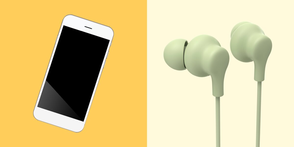 Słuchawki dokanałowe HAMA Curly Zielony Pastelowe słuchawki douszne obok białego smartfona na kontrastowym żółtym tle.