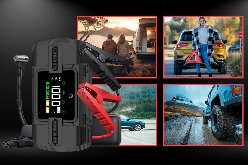 Manta MAJS001AP wielofunkcyjny jump starter 4w1 z kompresorem, powerbankiem 12000mAh, latarką LED i zasilaniem 12V, Urządzenie rozruchowe po skosie na tle czterech sytuacji drogowych