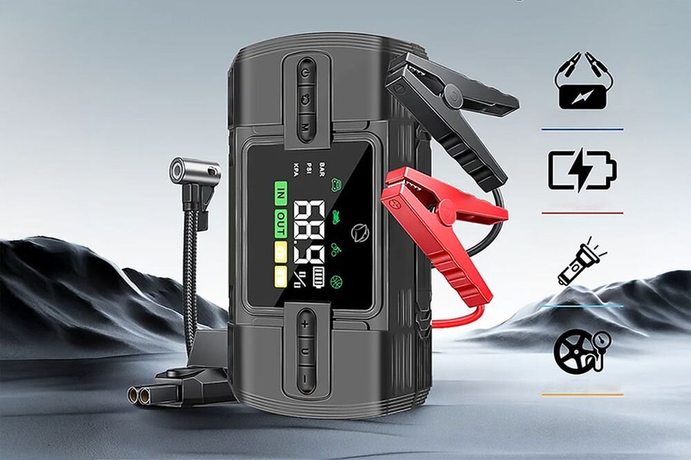 Manta MAJS001AP centrum energii 4w1 jump starter z kompresorem, powerbankiem i latarką LED do samochodu, urządzenie po skosie na szarym tle