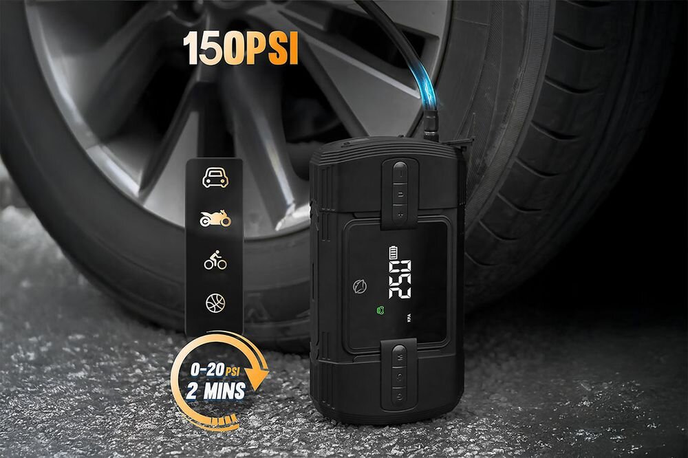 Manta MAJS001AP kompresor samochodowy 150 PSI z adapterami do opon i sprzętu rekreacyjnego, urządzenie stojące na ziemi podłaczone do koła samochodowego