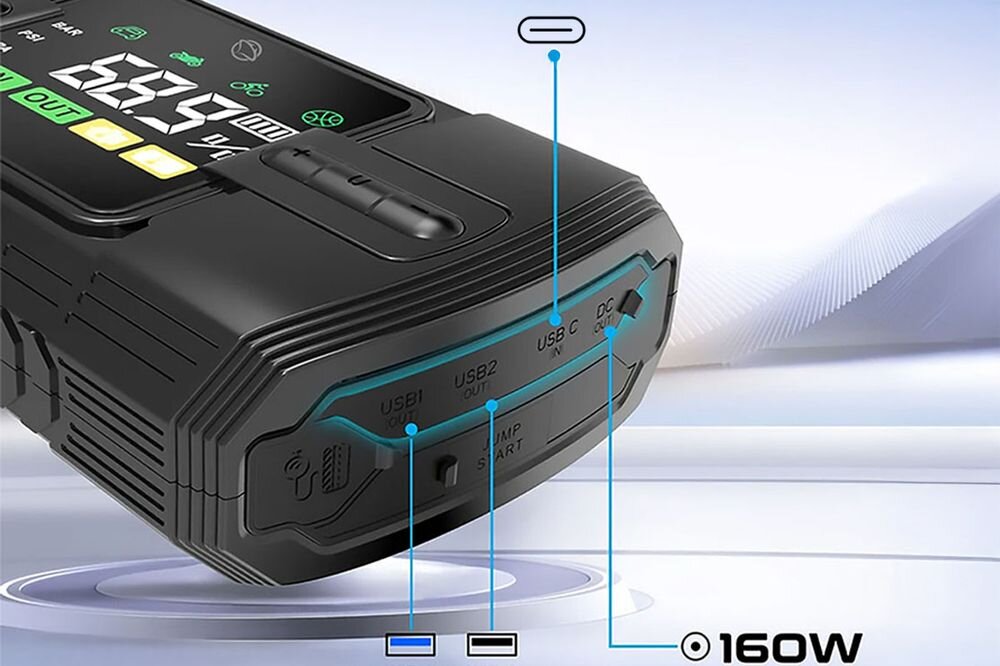 Manta MAJS001AP szybkie ładowanie QC 3.0 USB-C USB-A wyjście DC 12–16V, urządzenie po skosie na jasnym tle