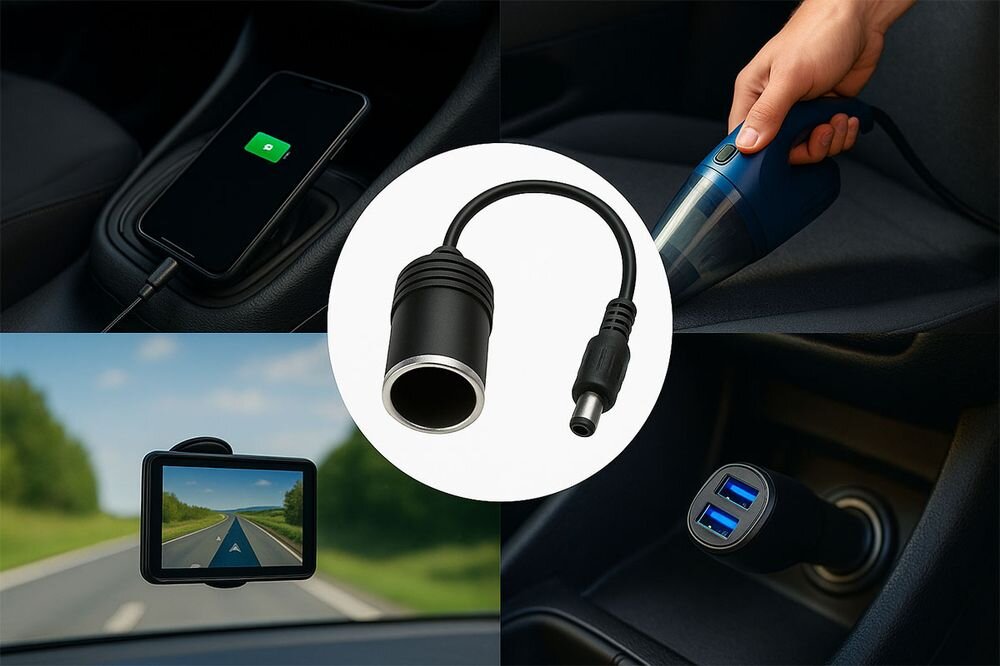 Manta MAJS001AP adapter DC 12V gniazdo zapalniczki zasilanie akcesoriów samochodowych, adapter na białym tle, cztery kadry z wnętrza auta