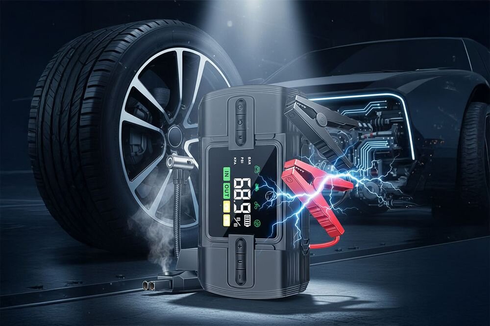 Manta MAJS001AP specyfikacja techniczna 12000mAh zakres temperatur -20 do 60 stopni żywotność 1000 cykli, urządzenie po skosie stOjące na ziemi obok koła i samochodu