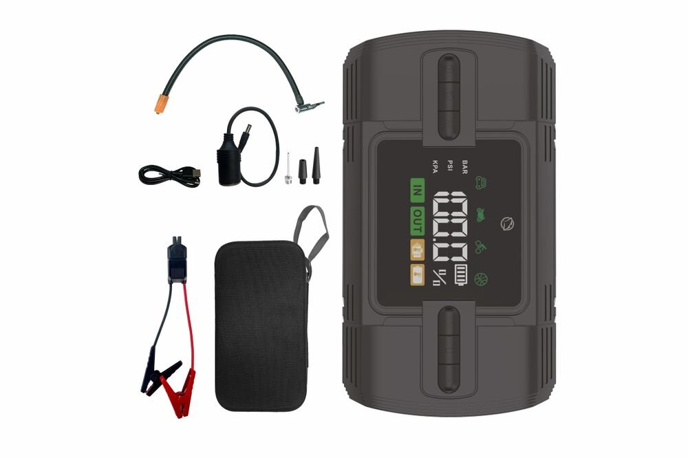 Manta MAJS001AP specyfikacja techniczna 12000mAh zakres temperatur -20 do 60 stopni żywotność 1000 cykli, urządzenie po skosie stOjące na ziemi obok koła i samochodu