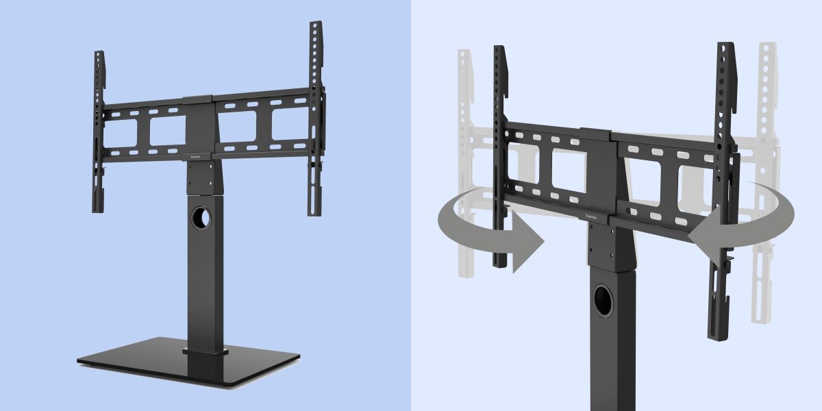 Stojak podłogowy HAMA do TV 32-65 cali 220867 Czarny Regulowany stojak na telewizor Hama z możliwością obracania ekranu w lewo i w prawo, przedstawiony na jasnoniebieskim tle.