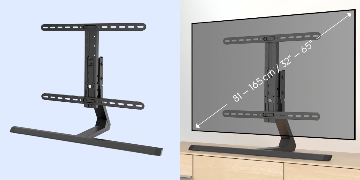 Stojak podłogowy HAMA do TV 32-65 cali 220869 Czarny Konstrukcja stalowego stojaka Hama typu T-shape z informacją o wspieranej przekątnej ekranu 81–165 cm (32-65