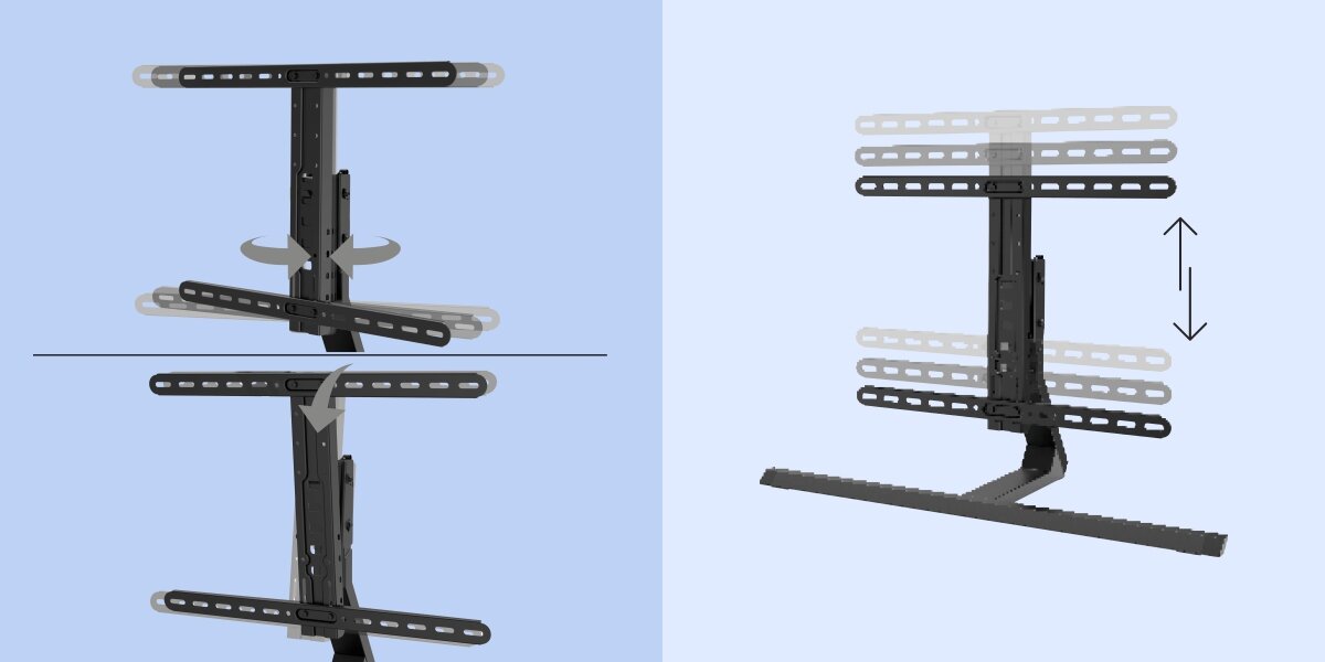 Stojak podłogowy HAMA do TV 32-65 cali 220869 Czarny Złożona grafika pokazująca trzy funkcje regulacji stojaka Hama: obrót, pochylenie (tilt) oraz zmianę wysokości.