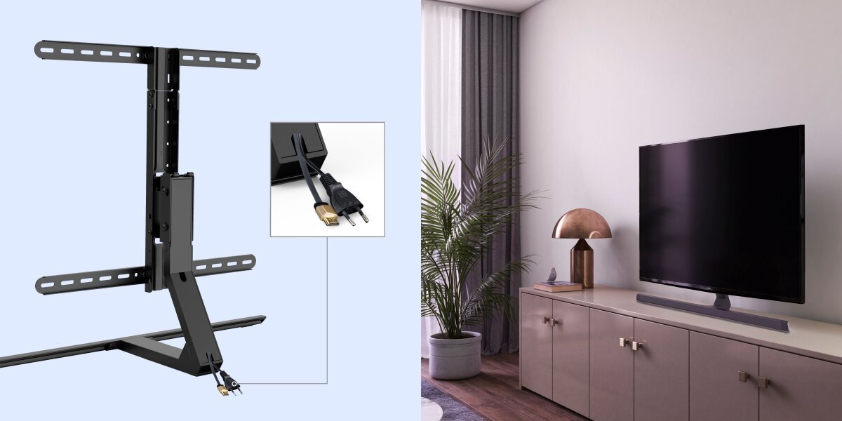 Stojak podłogowy HAMA do TV 32-65 cali 220869 Czarny Prezentacja systemu maskowania kabli w nodze stojaka Hama oraz widok na telewizor z soundbarem w stylowym salonie.