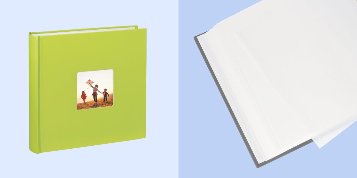 Album HAMA Fine Art Jumbo Białe kartki Zielony (100 stron) Limonkowy album na zdjęcia z okładką typu ramka oraz widok pustych białych kart z pergaminowymi przekładkami chroniącymi fotografie.