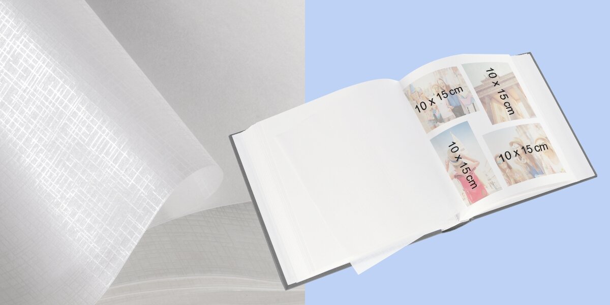 Album HAMA Fine Art Jumbo Białe kartki Bordowy (100 stron) Album fotograficzny z białymi stronami i folią, prezentujący możliwość rozmieszczenia czterech zdjęć 10x15 cm na rozkładówce.