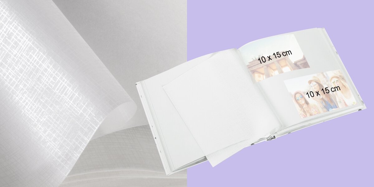 Album HAMA Joana Różowy (50 stron) Karty albumu fotograficznego z przezroczystą folią zabezpieczającą i strukturą lnu, mieszczące dwa zdjęcia formatu 10x15 cm na stronie.