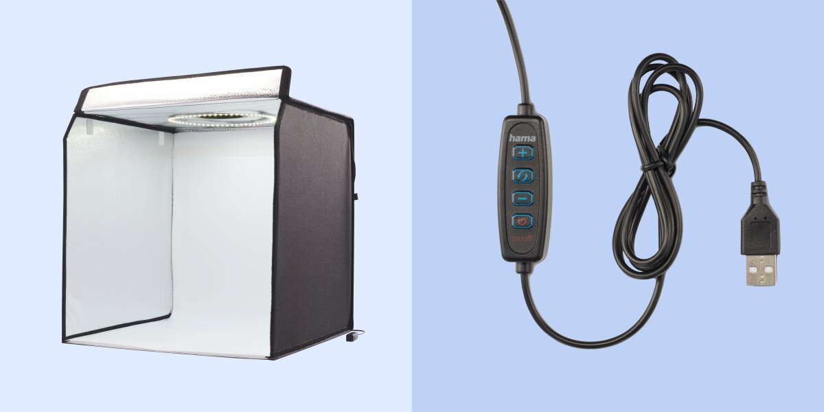 Namiot bezcieniowy HAMA To Go Czarny Oświetlony namiot bezcieniowy z białym tłem oraz zbliżenie na pilot sterujący oświetleniem na kablu USB.
