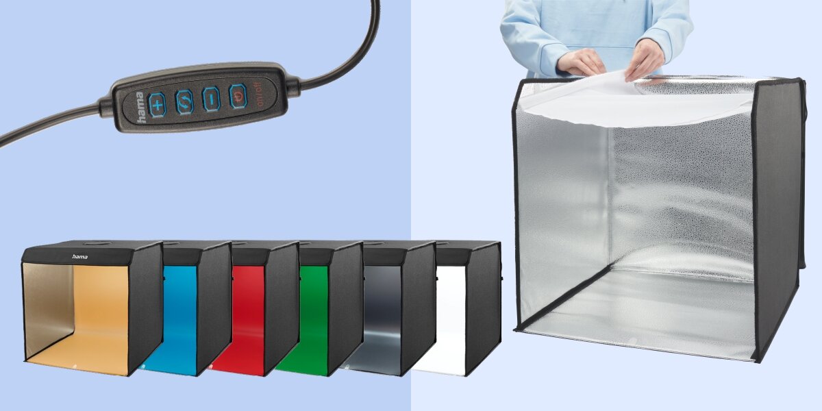 Namiot bezcieniowy HAMA To Go Czarny Zestaw 6 kolorowych teł do namiotu bezcieniowego oraz proces montażu tkaniny dyfuzyjnej zmiękczającej światło LED.