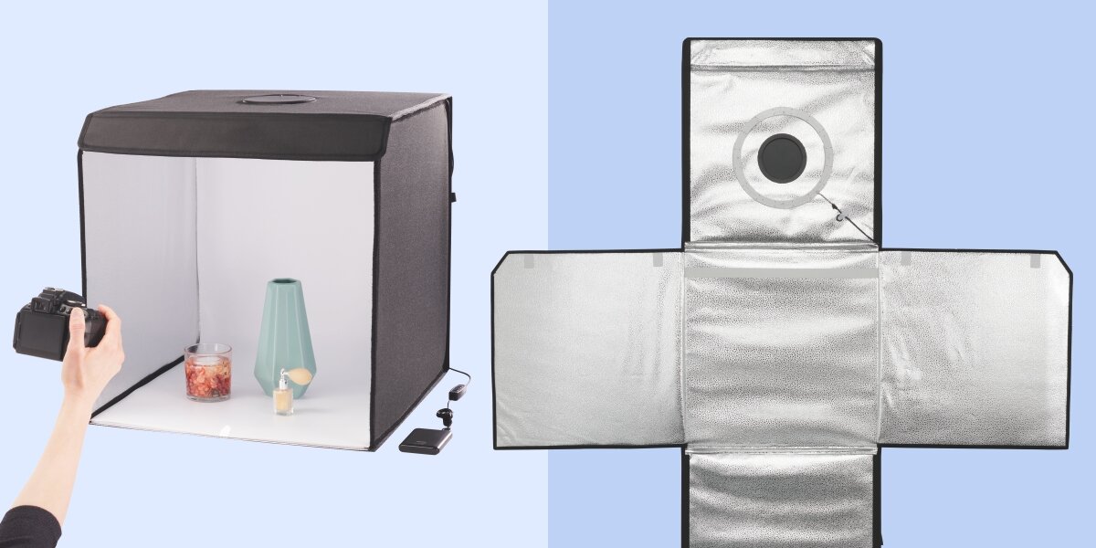Namiot bezcieniowy HAMA To Go Czarny Profesjonalny aparat fotograficzny ustawiony przed namiotem bezcieniowym z wazonem w środku oraz schemat rozłożonych ścianek z powłoką odblaskową.