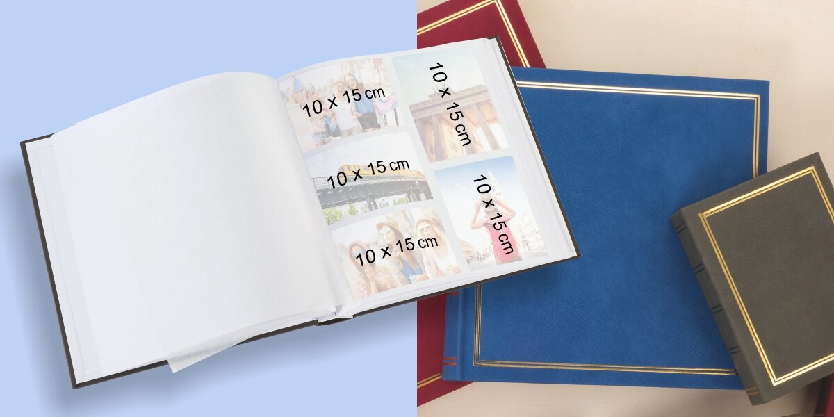 Album HAMA London Super Jumbo Białe Kartki Niebieski (80 stron) Prezentacja formatu zdjęć 10x15 cm w otwartym albumie oraz widok dostępnych wersji kolorystycznych okładki: brązowej, czerwonej i niebieskiej.