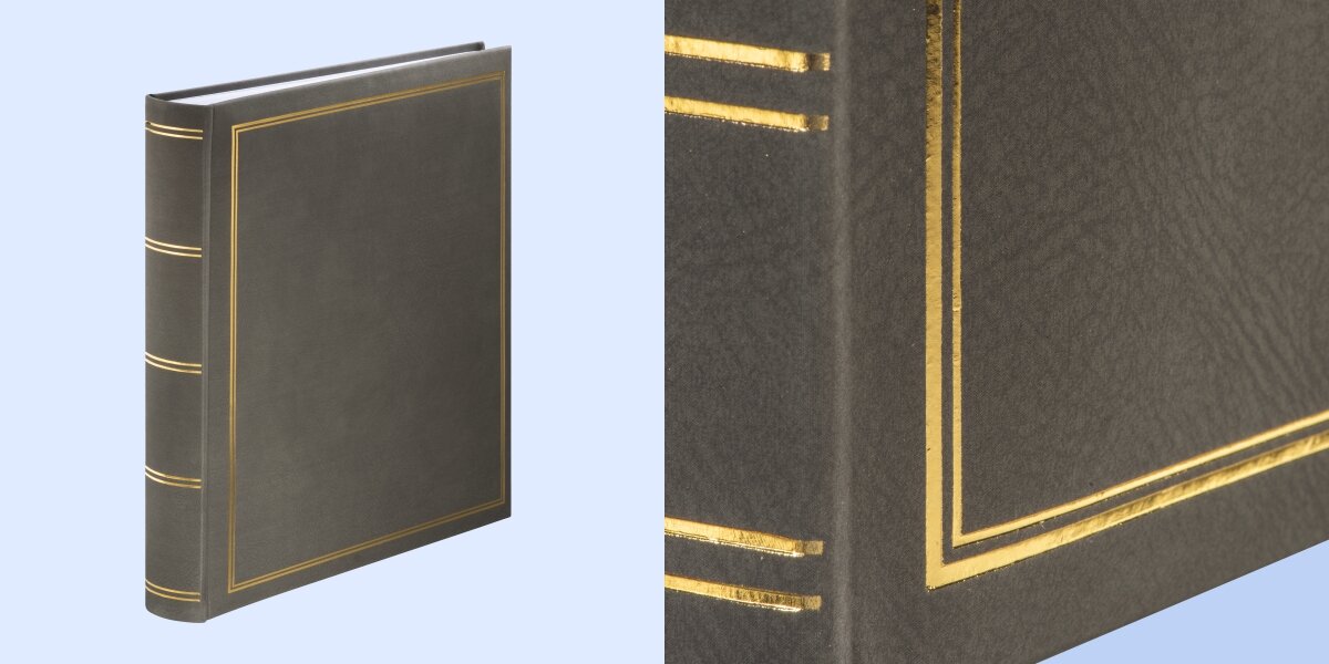 Szary album z białymi kartkami, ozdobiony złotymi liniami na okładce i grzbiecie. Album ma prostokątny kształt i elegancki wygląd.