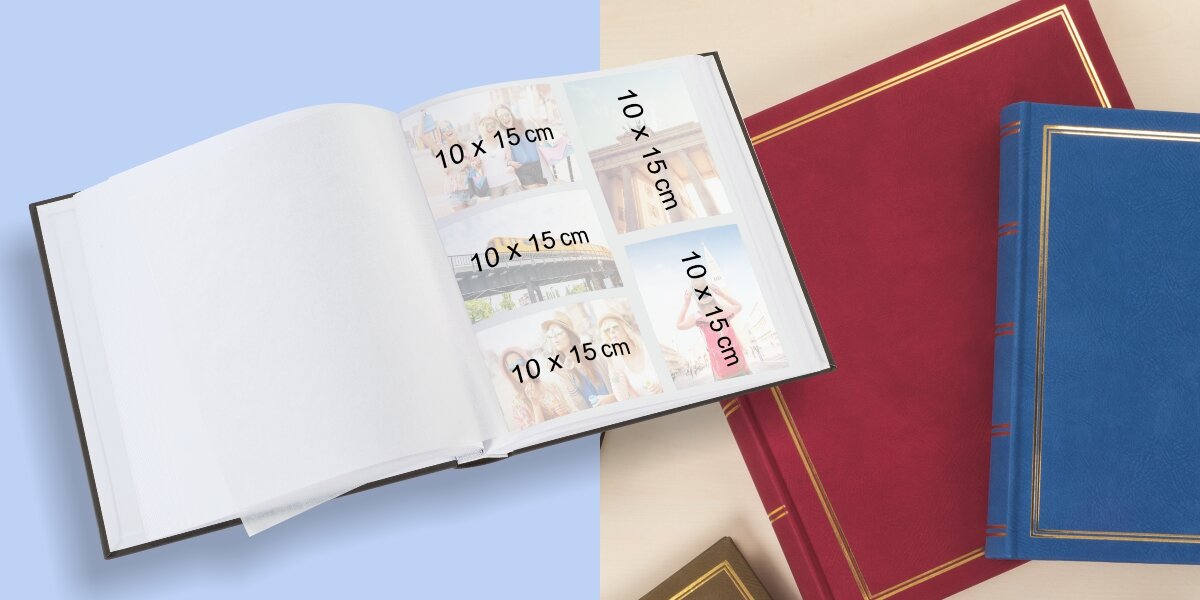 Album HAMA London Super Jumbo Białe Kartki Bordowy (80 stron) Prezentacja formatu zdjęć 10x15 cm w otwartym albumie oraz widok dostępnych wersji kolorystycznych okładki: brązowej, czerwonej i Bordowyej.