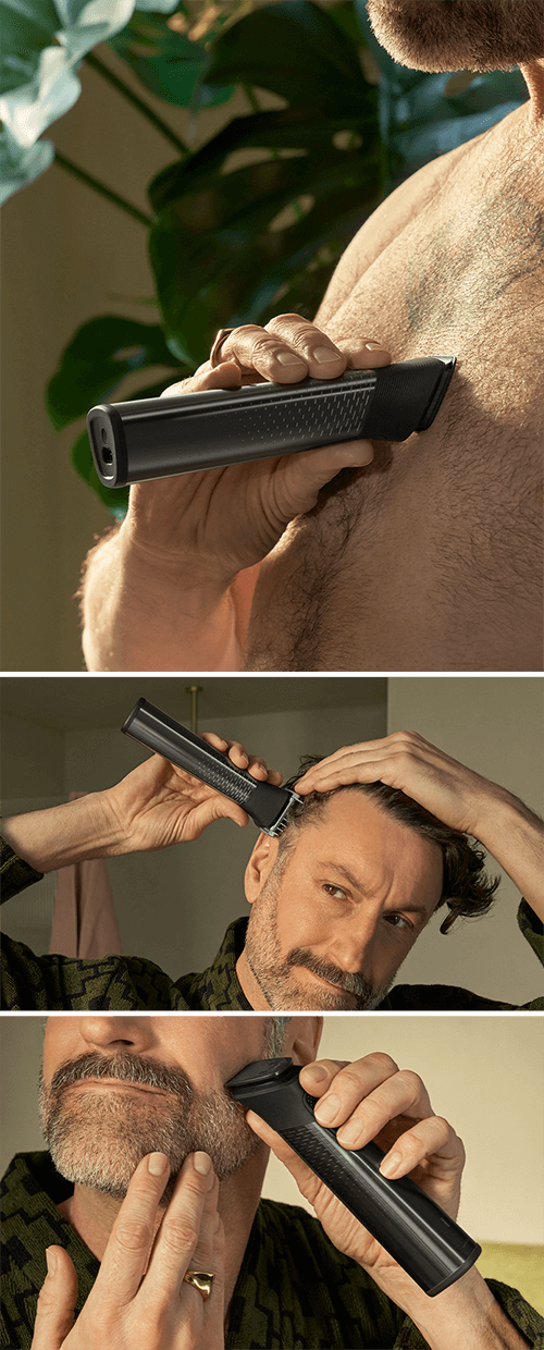 Mężczyzna golący brodę, włosy i klatkę piersiową