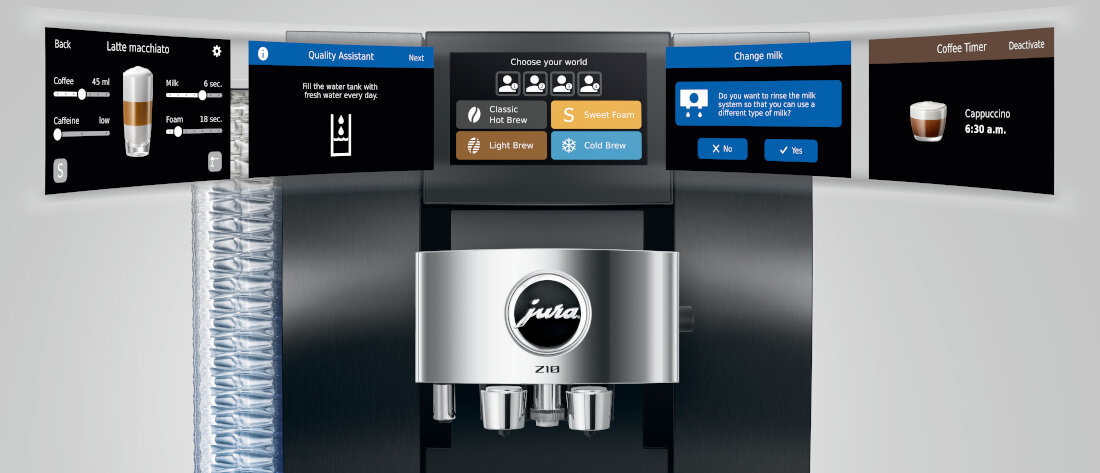 Ekspres JURA Z10 Czarny (EB) Komfort obsługi Intuicyjny ekran dotykowy tryb Easy Mode Przejrzyste menu i cztery kolorowe strefy Osobiste profile cztery osoby kawa dopasowanie gusta