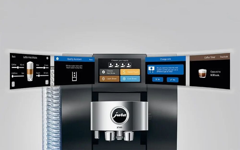 Ekspres do kawy Jura Z10 z interfejsem cyfrowym pokazującym różne funkcje personalizacji napojów