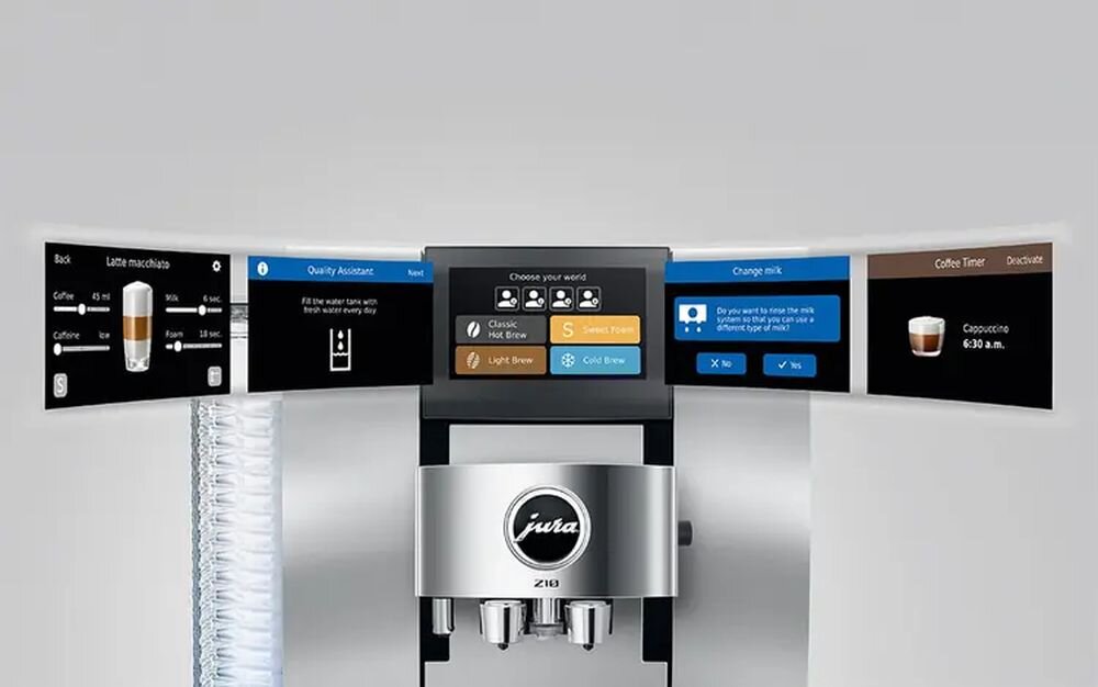 Ekspres do kawy Jura Z10 z interfejsem cyfrowym pokazującym różne funkcje personalizacji napojów