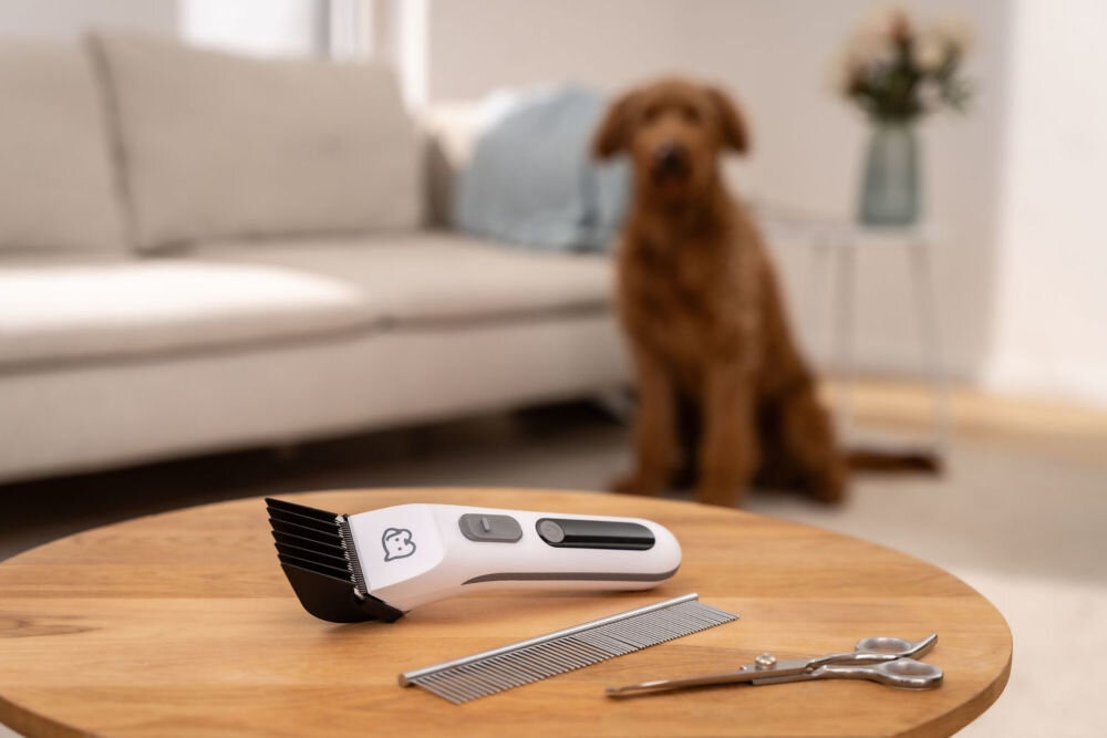 Trymer do strzyżenia zwierząt BEURER Fluffy na pierwszym planie trymer grzebień i nożyczki na stoliku w tle siedzący duży pies