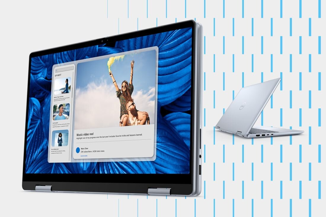 Na obrazie widoczny jest laptop w trybie tabletu z wyświetlonym zdjęciem osoby na tle niebieskiego wzoru. Obok znajduje się zamknięty laptop z logo producenta na pokrywie.