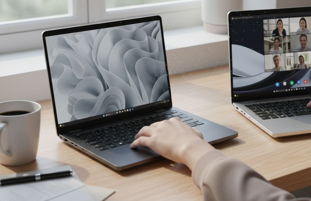 Na drewnianym biurku znajdują się dwa laptopy; jeden z abstrakcyjną tapetą na ekranie, drugi z widocznym oknem wideokonferencji. Obok laptopów stoi kubek z napojem.