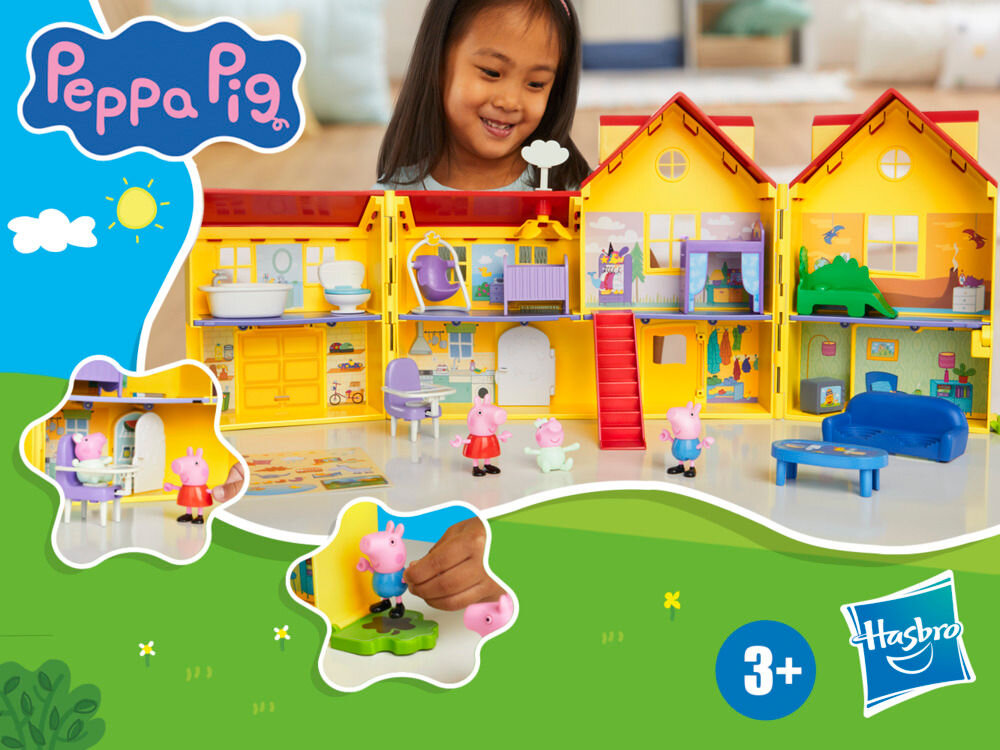 Zestaw figurek HASBRO Świnka Peppa Duży dom rodzinny Peppy G05085L0 Uśmiechnięta dziewczynka bawi się rozkładanym, żółtym domkiem świnki Peppy. Na grafice widoczne są różne pomieszczenia: łazienka, kuchnia i sypialnie z figurkami Peppy i George'a. W dolnej części znajdują się zbliżenia na detale zabawy oraz logo Peppa Pig, Hasbro i oznaczenie wieku 3+.
