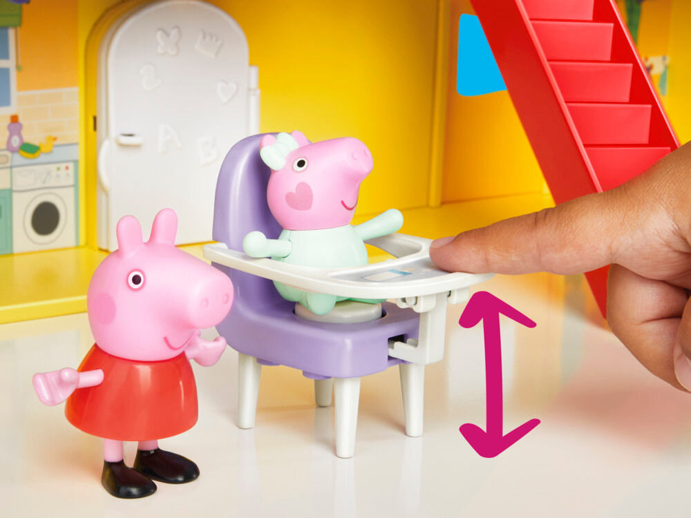 Zestaw figurek HASBRO Świnka Peppa Duży dom rodzinny Peppy G05085L0 Zbliżenie na funkcję interaktywną zabawki Peppa Pig. Palec dziecka naciska na biały blat fioletowego krzesełka do karmienia, w którym siedzi mała figurka świnki. Czerwona strzałka wskazuje ruch blatu w górę i w dół. W tle widoczna jest biała lodówka z magnesami-literkami.